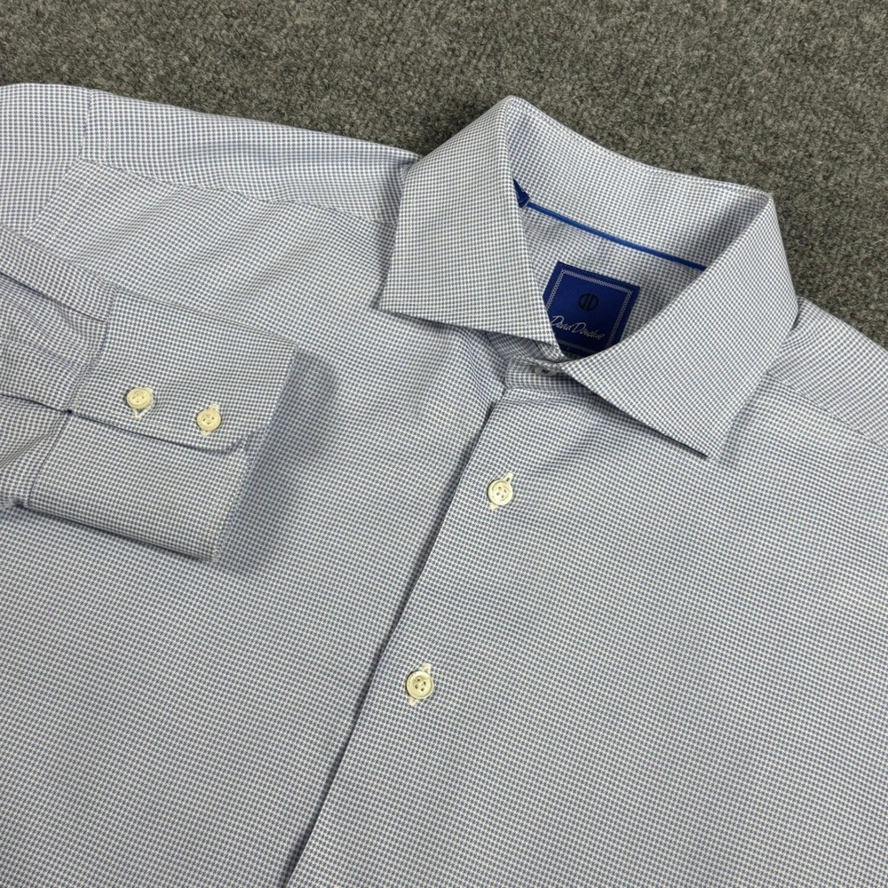 David Donahue Mens Trim Fit Dress Shirt 17.5 34/35 Blue White Houndstooth Cotton